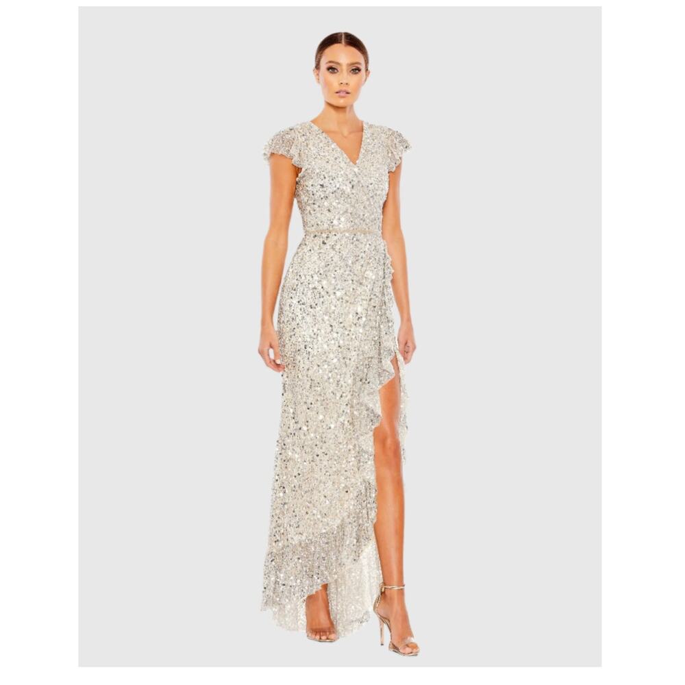 New Mac Duggal Silver Sequined Faux Wrap Ruffle Cap Sleeve Gown